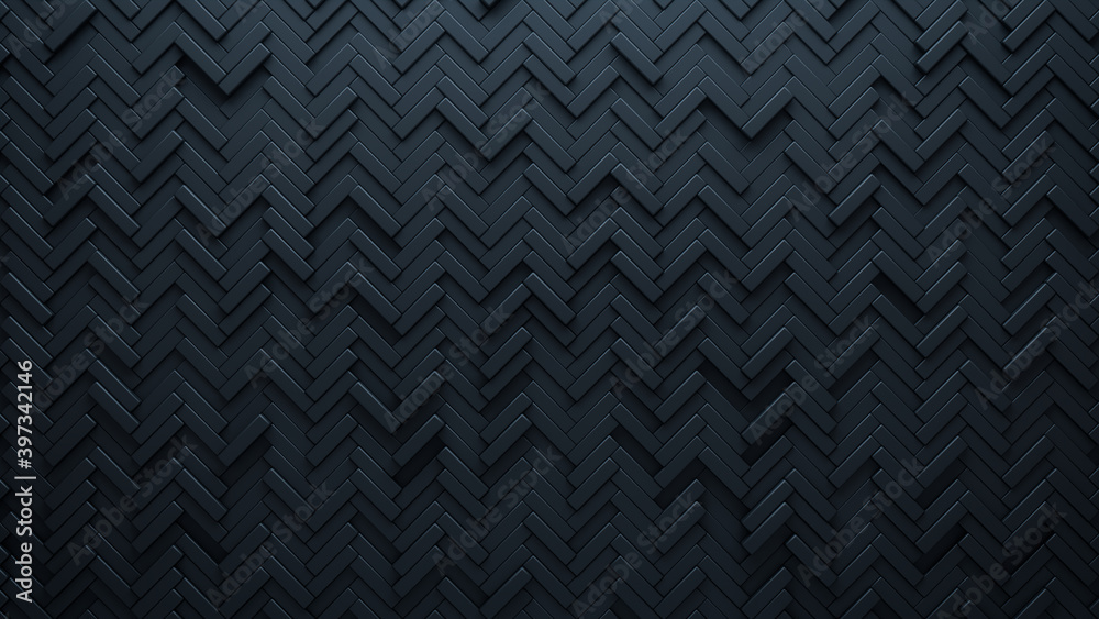 Futuristic, High Tech, dark background, with a herringbone block structure. Wall texture with a 3D parquet tile pattern. 3D render Futuristic, High Tech, dark background, with a herringbone block structure. Wall texture with a 3D parquet tile pattern. 3D render