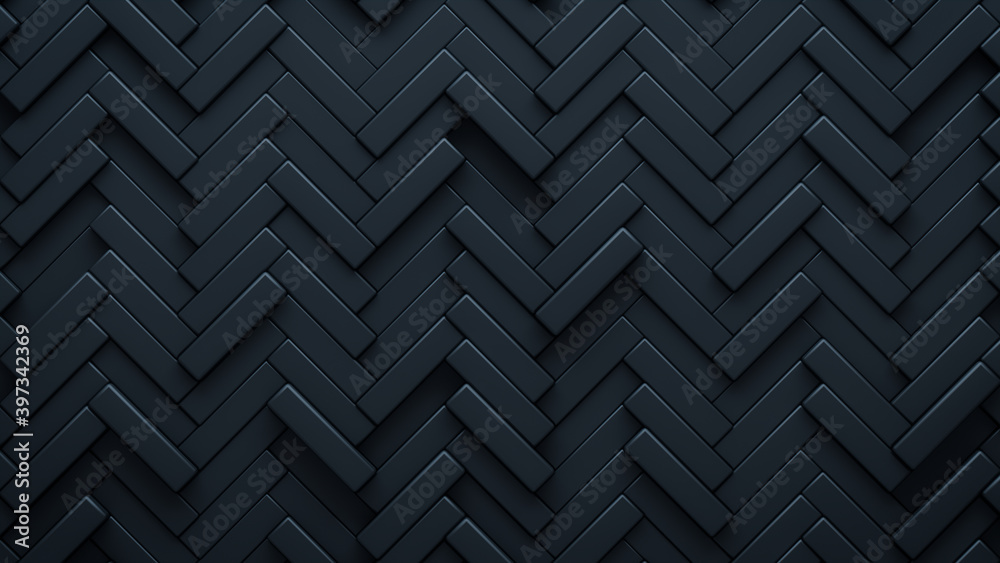 Futuristic, High Tech, dark background, with a herringbone block structure. Wall texture with a 3D parquet tile pattern. 3D render Futuristic, High Tech, dark background, with a herringbone block structure. Wall texture with a 3D parquet tile pattern. 3D render