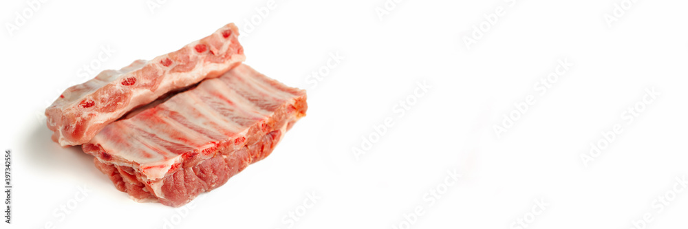 raw ribs of pork banner for advertisement isolated on a white background. set of fresh meat at bone