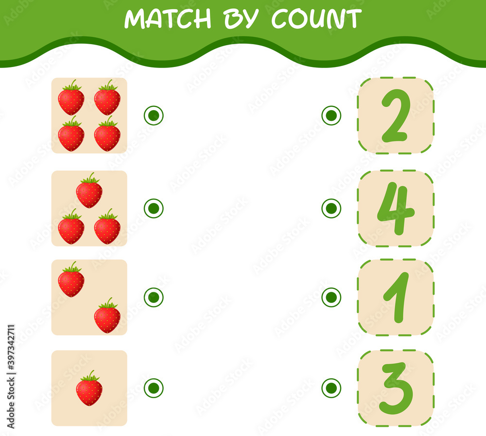 Match by count of cartoon strawberries. Match and count game. Educational game for pre shool years kids and toddlers
