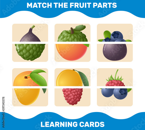 Match cartoon fruits parts. Matching game. Educational game for pre shool years kids and toddlers