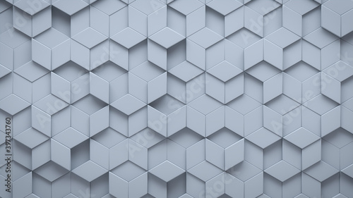 Futuristic, High Tech, light background, with a diamond shape block structure. Wall texture with a 3D diamond tile pattern. 3D render photo