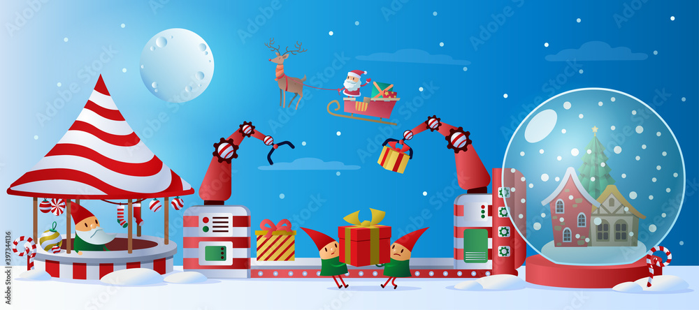 Santa Claus christmas factory. Elf team making toys for gifts or presents  on machinery line. Abstract concept. Christmas event, holiday. Cartoon  colorful vector illustration Stock Vector | Adobe Stock