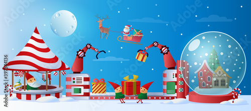 Santa Claus christmas factory. Elf team making toys for gifts or presents on machinery line. Abstract concept. Christmas event, holiday. Cartoon colorful vector illustration