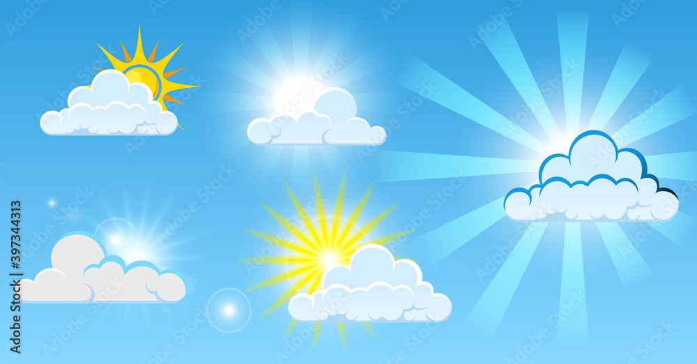 set of clouds panorama with clean bright sunshine or blue clean clouds weather or blue cottony sky with bright sun concept. eps 10 vector, easy to modify set of clouds panorama with clean bright sunshine or blue clean clouds weather or blue cottony sky with bright sun concept. eps 10 vector, easy to modify