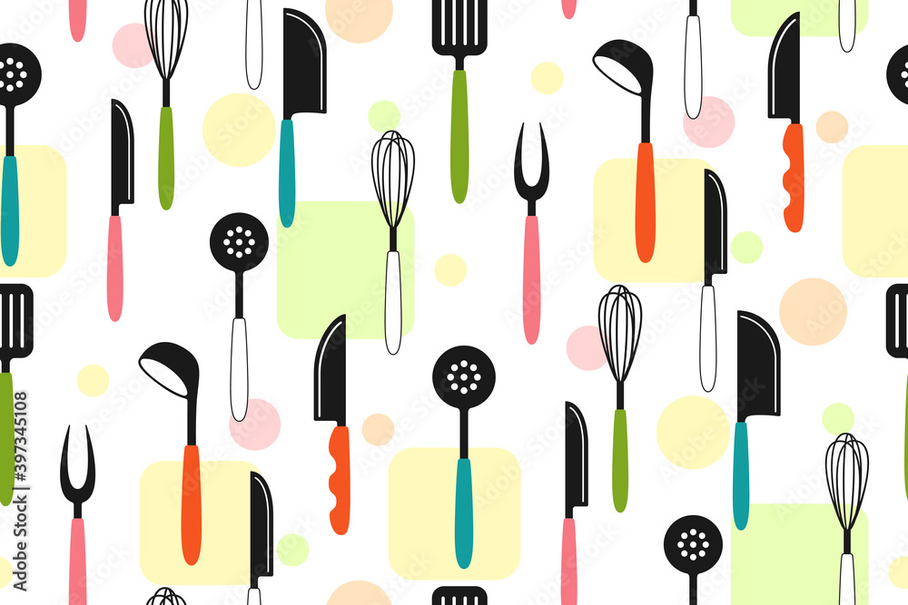 Kitchen tools fork retro seamless pattern whisk, spoon utensils cartoon set. Modern kitchen tool flat cooking dishes, equipments. Vector utensils collection icon. Corolla, scoop knife spatula. Kitchen tools fork retro seamless pattern whisk, spoon utensils cartoon set. Modern kitchen tool flat cooking dishes, equipments. Vector utensils collection icon. Corolla, scoop knife spatula.