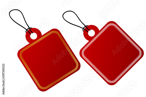 Vector 2 Square Vector Red Gradient Christmas Tag, White and Golden China Style Border With Black Rope, Isolated on White

