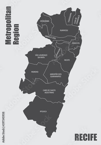 The Recife metropolitan region isolated map with labels, Pernambuco State, Brazil