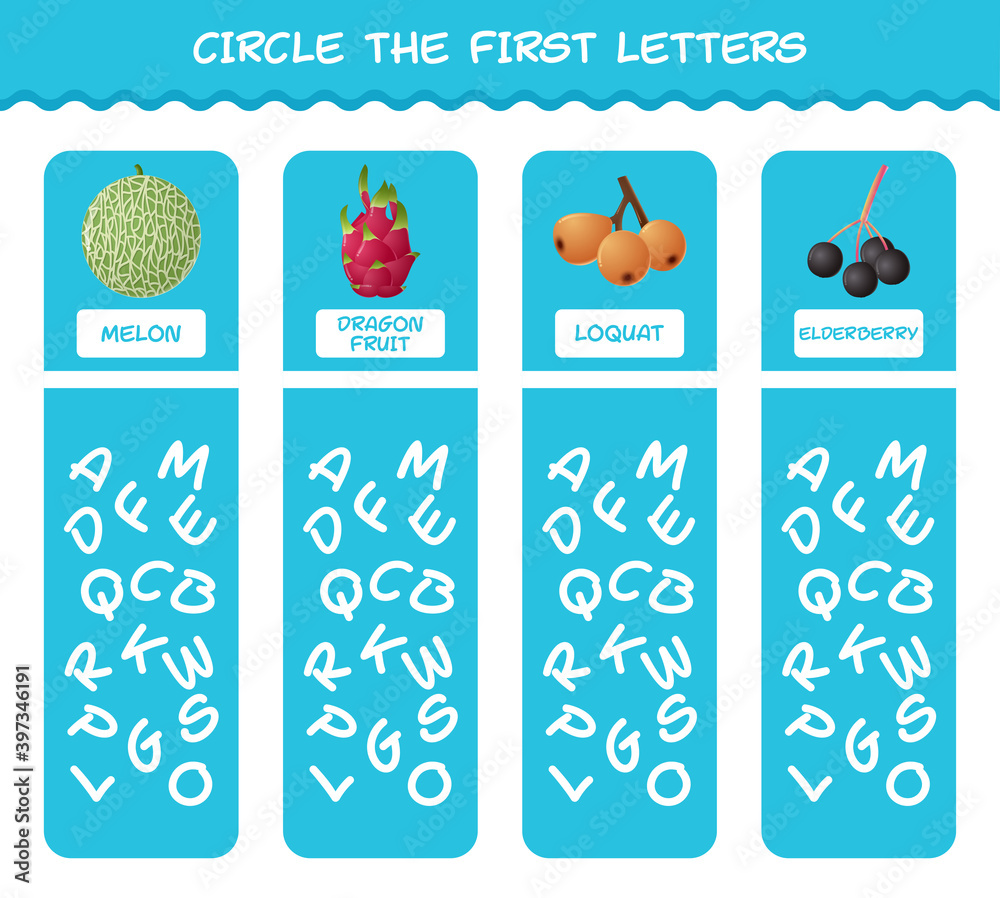 Circle the first letters of cartoon fruits. Matching game. Educational game for pre shool years kids and toddlers