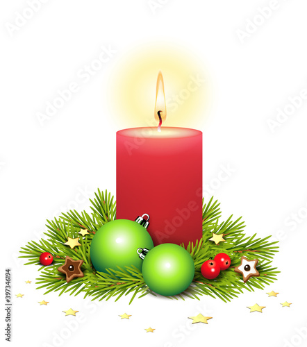 Rote Weihnachtskerze mit Gesteck,
Advent Karte mit brennende Kerze, Tannenzweige mit Sterne, Ilex Beeren, Lebkuchen und grüne Weihnachtskugeln,
Vektor Illustration isoliert auf weißem Hintergrund

