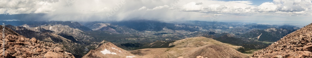 Panorama shot of rocky hills around Longs peak in rocky mountains national park in america Panorama shot of rocky hills around Longs peak in rocky mountains national park in america