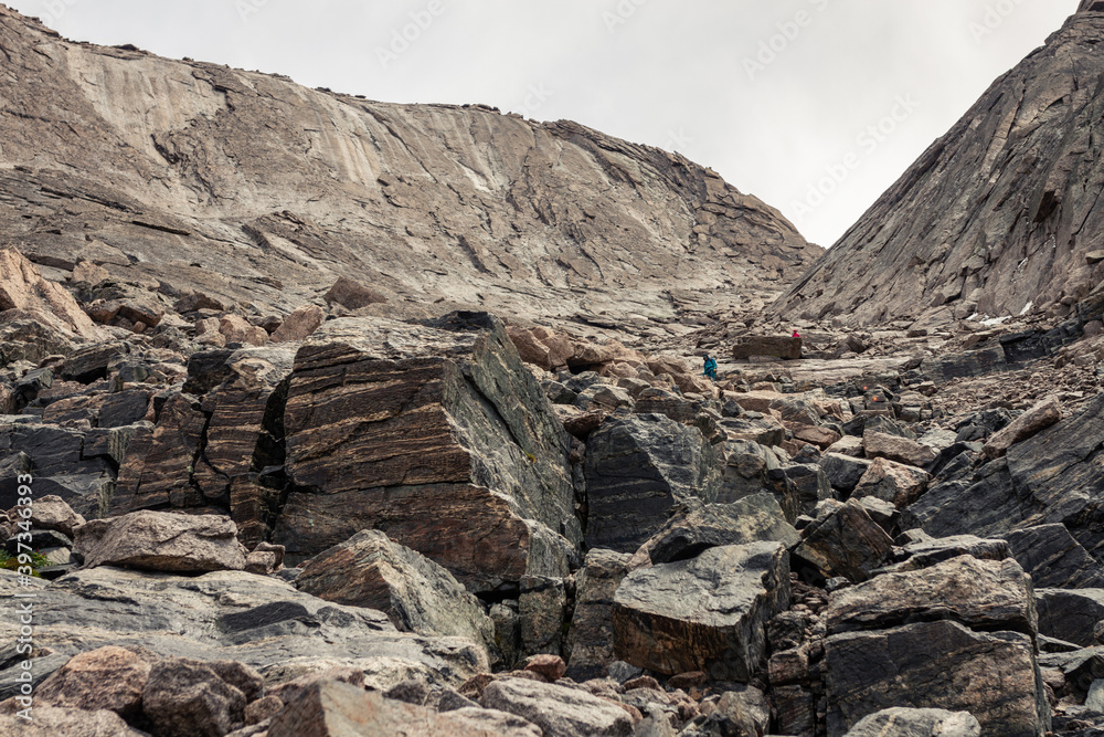 Wide shot  of climbers climb part of trail to top of Longs peak in rocky mountains national park in america