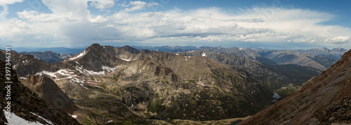 Panorama shot of rocky hills and storm clouds around Longs peak in rocky mountains national park in america