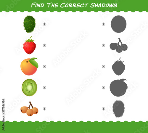 Find the correct shadows of cartoon fruits. Searching and Matching game. Educational game for pre shool years kids and toddlers
