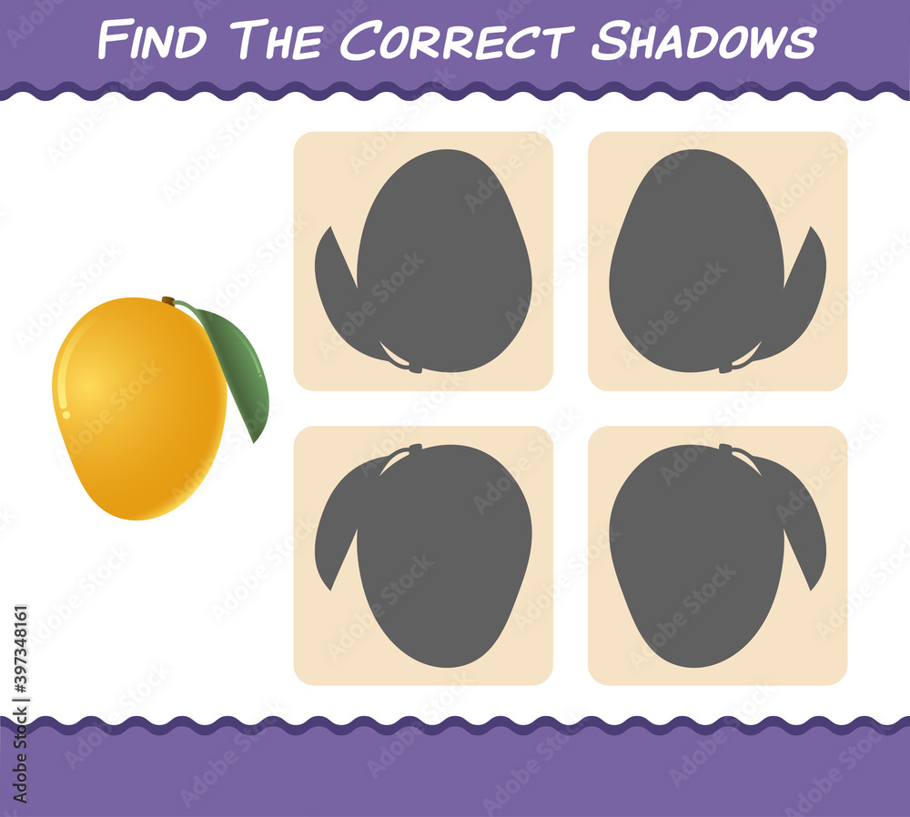 Find the correct shadows of cartoon mangos. Searching and Matching game. Educational game for pre shool years kids and toddlers