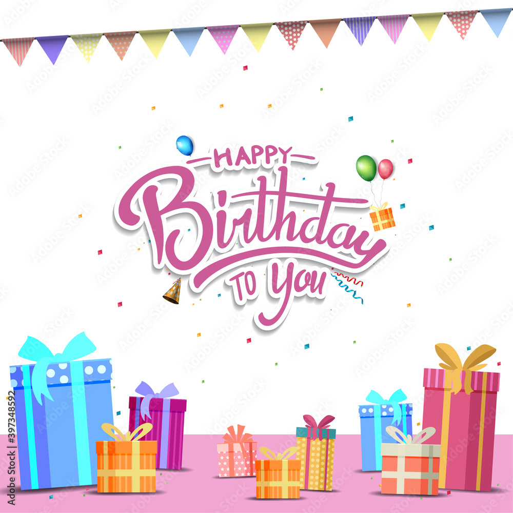 happy birthday vector design with balloons, gift box, ribbon, cake, hat, isolated on white background for poster and party invitation