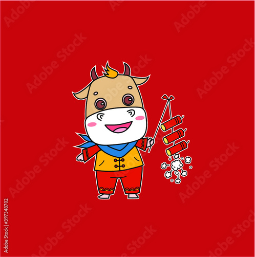 Mascot of the Year of the Ox.Cartoon cow holding a firecracker.
