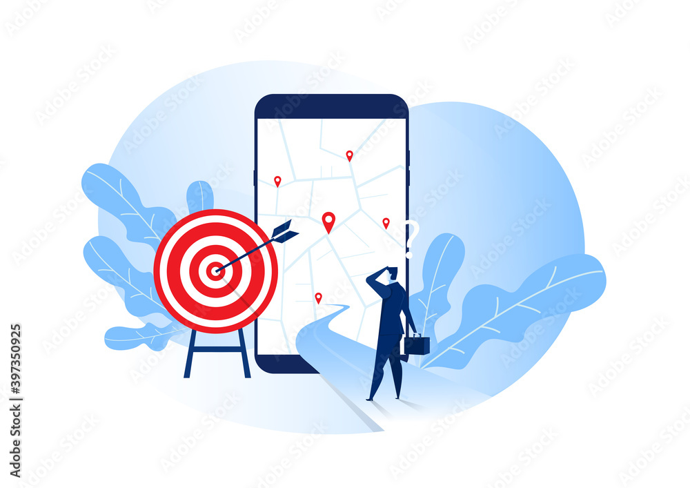 businessman standing in front of a crossroad different ways GPS navigator, route map application. Search destination, direction on phone screen vector businessman standing in front of a crossroad different ways GPS navigator, route map application. Search destination, direction on phone screen vector