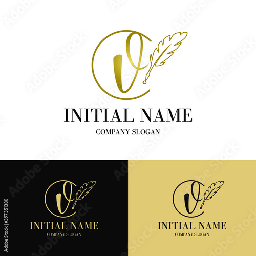 Luxury golden initial v letter with feather. Writing, art, copywrite business logo  concept