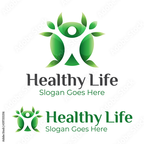 green healthy leaf with negative space people yoga logo design vector template