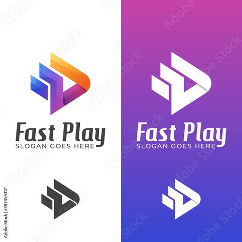 colorful fast play media for studio music or video editor logo design with two versions