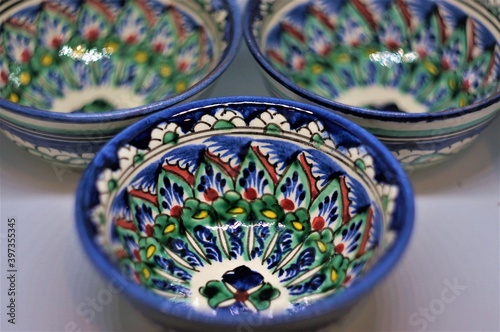Uzbek tea bowl with ethnic handmade ornaments.