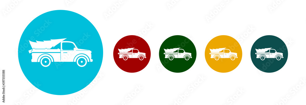 Car carries Christmas tree, icon flat design.