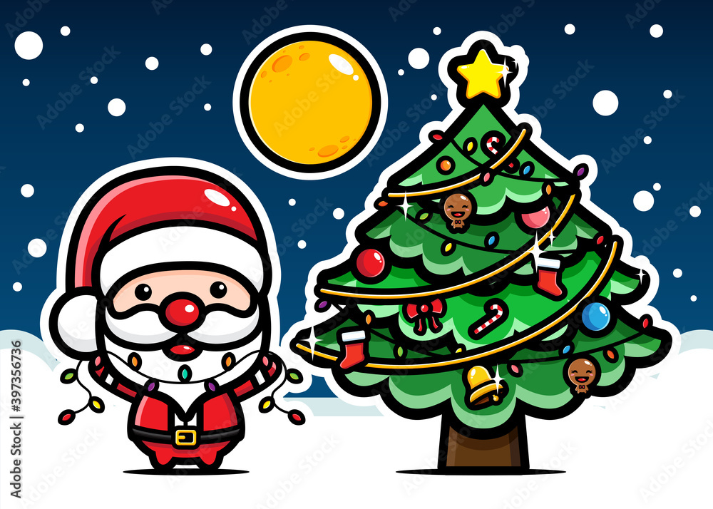 Cute Santa Claus characters and Christmas tree on Christmas day Cute Santa Claus characters and Christmas tree on Christmas day