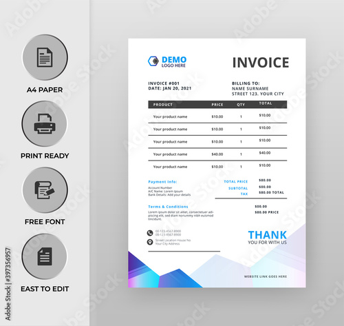 Professional colorful invoice Template . Vector Business Stationery Design. Print Template