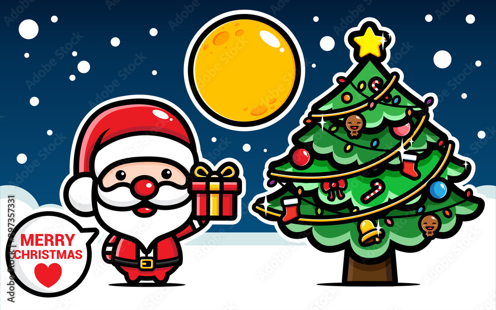 Fototapeta premium Cute Santa Claus characters and Christmas tree on Christmas day