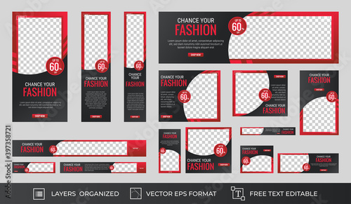 Set of Fashion Web Banner with standard size. Vertical, horizontal and square template. Vector EPS