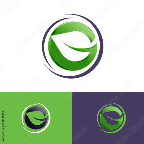 simple green on the circle leaf logo design vector elements