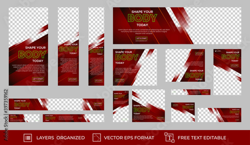 Set of Fitness Banner with standard size for ads. Vertical, horizontal and square template. Vector EPS