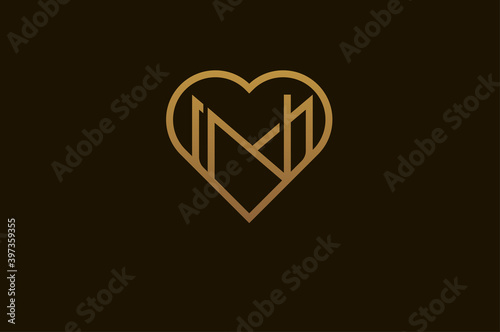Abstract initials M and N logo, gold colour line style heart and letter combination, usable for brand, card and invitation, logo design template element,vector illustration