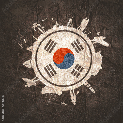 Circle with tropical recreation relative silhouettes. Objects located around the circle. Human posing with surfboard, cruise ship, palm and lifeguard tower. South Korea flag in the center.
