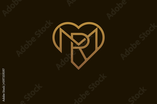 Abstract initials M and R logo, gold colour line style heart and letter combination, usable for brand, card and invitation, logo design template element,vector illustration