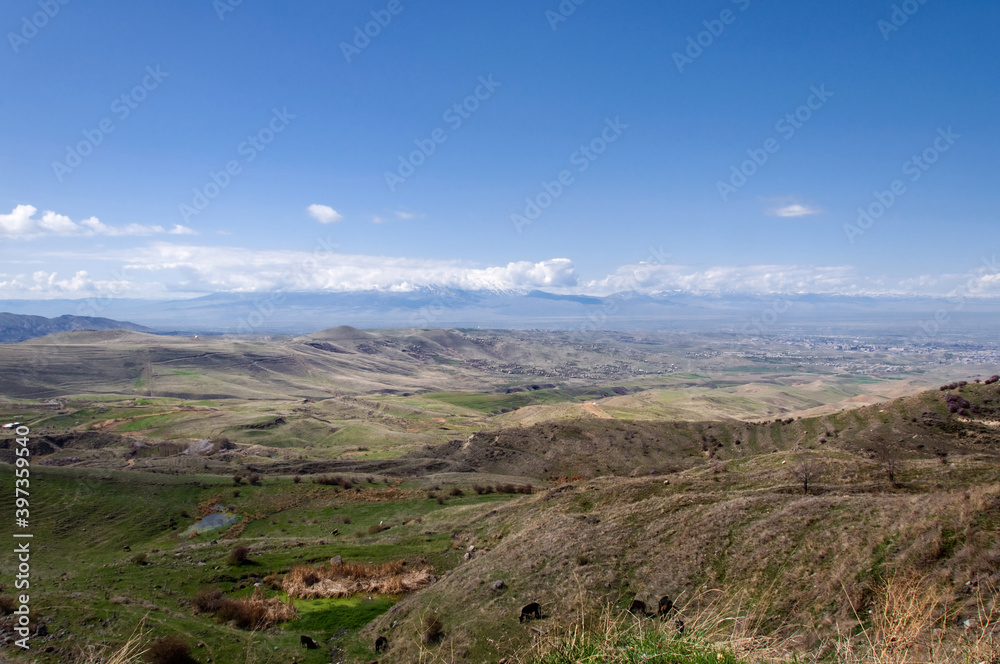 Panoramic view of Ararat mountain and spring meadows. Beautiful landscape. Garni, Armenia