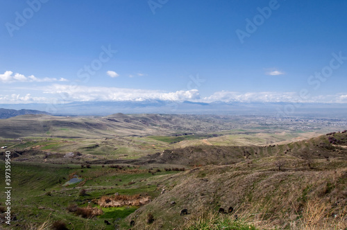 Panoramic view of Ararat mountain and spring meadows. Beautiful landscape. Garni, Armenia