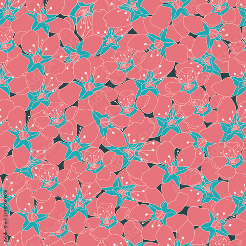 Blossoming multi layer flowers seamless pattern on deep sea green print. Vector illustration. Great for clothing, home decoration, accessories, stationary and surface patterns.