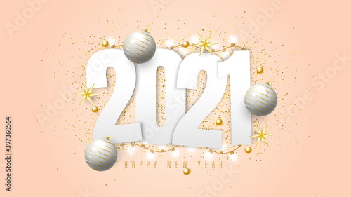 2021 happy new year background with gift balls, confetti, and lights