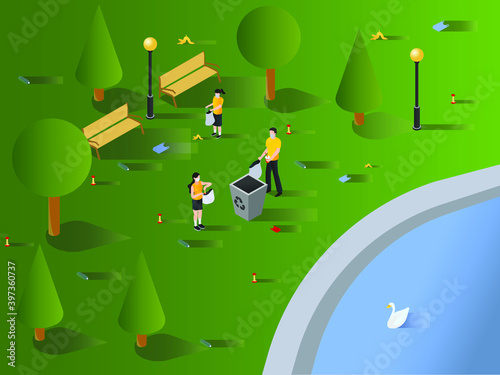 Volunteers cleaning garbage. Group of young people collecting waste and trash into bag isometric 3d flat vector concept for banner, website, illustration, landing page, flyer, etc