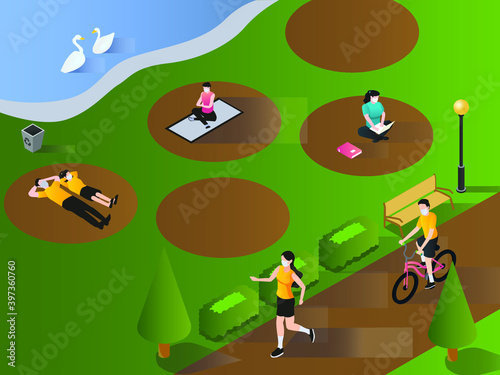 People wearing facemask relaxing at park during pandemic isometric 3d flat vector concept for banner, website, illustration, landing page, flyer, etc