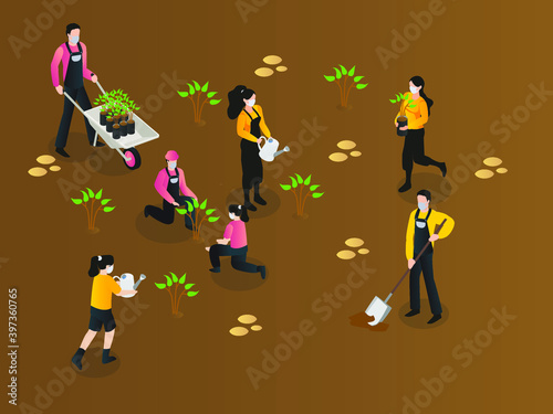People wearing facemask planting trees during pandemic isometric 3d flat vector concept for banner, website, illustration, landing page, flyer, etc