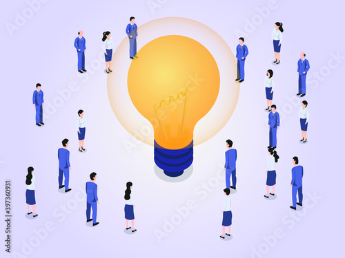 Group of business people standing around a light bulb isometric 3d vector concept for banner, website, illustration, landing page, flyer, etc