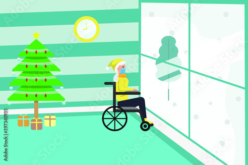 Christmas in new normal: Disabled woman wearing face mask and sitting on the wheelchair at home while looking at out of the window with christmas tree background