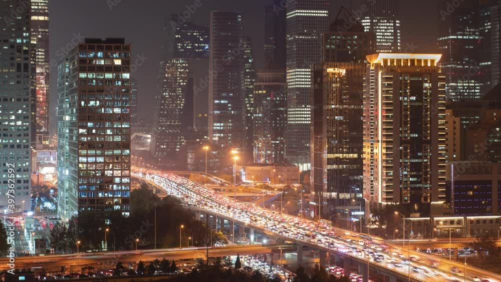 Timelapse.Beijing Landmark,Urban Traffic Flow with Highrises at Night,China Timelapse.Beijing Landmark,Urban Traffic Flow with Highrises at Night,China