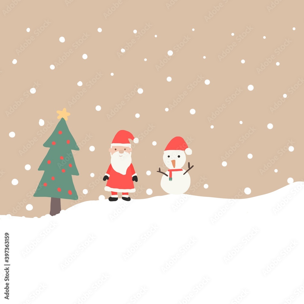 Merry Christmas and Happy New Year holiday on background, Santa Claus with snowman, snowflake and pine. Copy space for text.