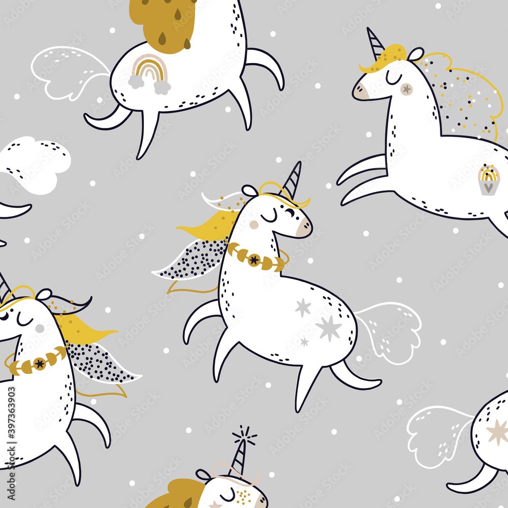modern white unicorn and yellow corn abstract pattern minimal style unique object on white and gray.