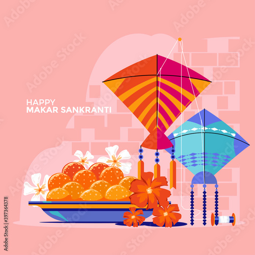 Illustration of Makar Sankranti  with colorful kite and laddu cake for festival of India