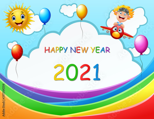 Happy New Year 2021 template design with rainbow in the sky